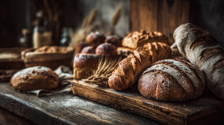 Fresh Artisan Bread Variety Displayed on Rustic Wooden Board, A Gourmet Delightの素材