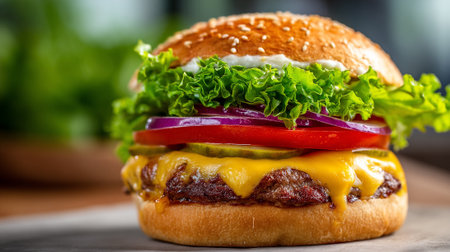 Mouthwatering cheeseburger with fresh ingredients ready for consumption close up.の素材