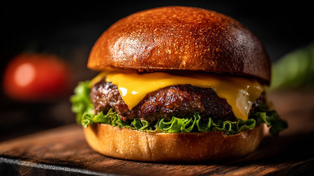 Mouthwatering cheeseburger on a wooden board featuring fresh ingredients and a dark background.の素材