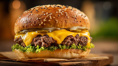 Delicious, juicy cheeseburger with sesame seed bun sitting on a wooden boardの素材