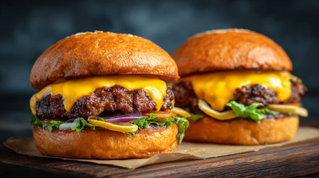 Two Mouthwatering Cheeseburgers on a Wooden Board Ready to Eatの素材