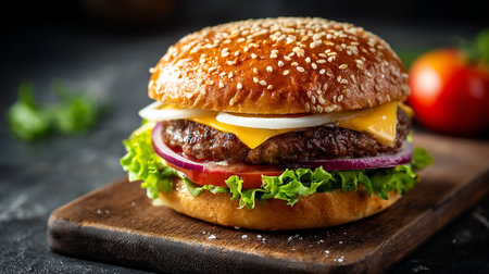 Mouthwatering cheeseburger with fresh ingredients on a rustic wooden board awaits the first bite.の素材