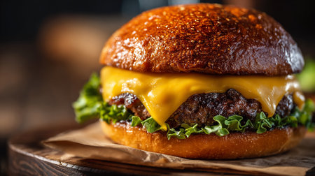 Delicious cheeseburger with fresh lettuce and a glossy brioche bun closeupの素材