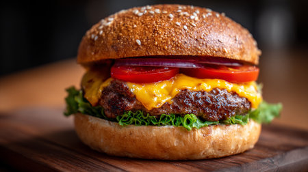 Mouthwatering Cheeseburger Stacked High with Fresh Ingredients on Wooden Boardの素材