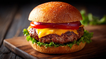 Delicious gourmet hamburger with fresh ingredients presented on a wooden board.の素材