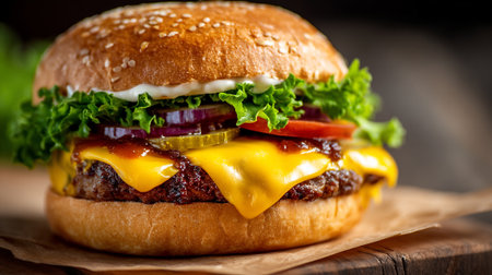 Mouthwatering cheeseburger with fresh ingredients on rustic wooden surface for lunchの素材