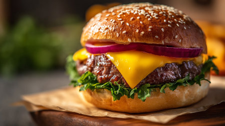 Delicious gourmet hamburger with cheese and fresh toppings, sitting on cutting board.の素材