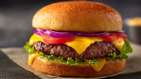 Mouthwatering Cheeseburger with Fresh Toppings on a Rustic Surface Beckoning Culinary Delightの素材