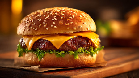 Mouthwatering cheeseburger with sesame seed bun on a rustic wooden boardの素材