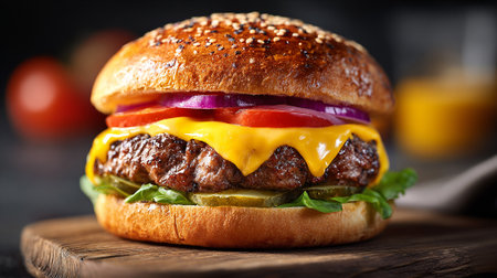 Mouthwatering Hamburger on Rustic Wooden Board with Fresh Ingredients Ready to be Eatenの素材