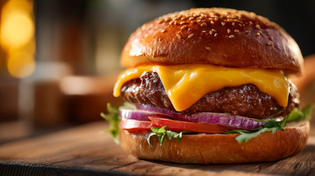 Mouthwatering cheeseburger with vibrant toppings, showcasing culinary delight and tempting deliciousness.の素材