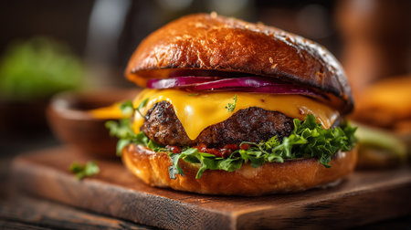 Mouthwatering cheeseburger with red onion and fresh lettuce on a wooden boardの素材
