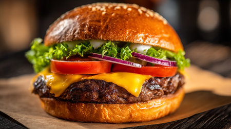 Delicious and fresh burger featuring vibrant toppings, a tasty restaurant meal.の素材
