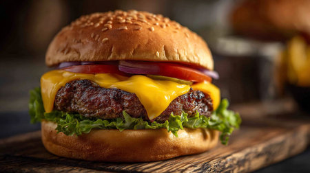 Delicious Cheeseburger with Fresh Ingredients on a Wooden Surfaceの素材