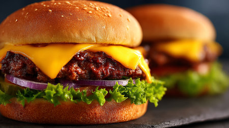 Juicy hamburger with cheddar cheese, lettuce, and red onion is mouthwateringの素材