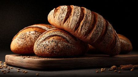 Golden-brown artisan breads, garnished with seeds, are artistically arranged on a wooden cutting board. The breads' crusty exteriors contrast with their soft interiors. Dark background enhances their appetizing texture and warmth.の素材