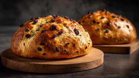 Two loaves of golden brown raisin bread are displayed on wooden cutting boards against a dark backdrop. The bread glistens, showcasing its delicious texture and the plumpness of the scattered raisins.の素材