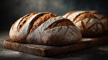 Two loaves of artisan sourdough bread sit on a dark wooden board, dusted with flour against a dark, moody background. The crust has a beautiful texture, evoking a sense of warmth and tradition.の素材