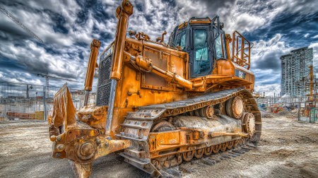 Powerful Orange Bulldozer at Construction Site Against Dramatic Sky Backdropの素材