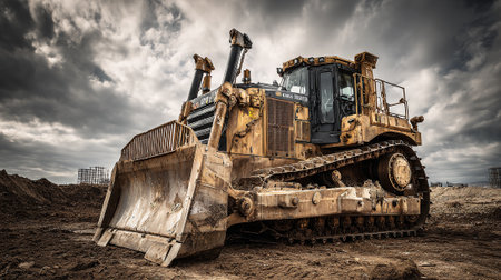 Powerful Bulldozer on Construction Site Under Dramatic Sky Ready to Workの素材