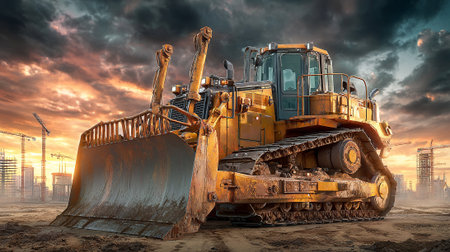 Rugged Yellow Bulldozer Dominating a Construction Site Landscape at Duskの素材
