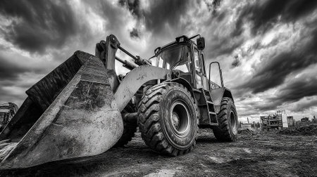 Imposing Wheel Loader Under Dramatic Sky Ready for Construction Site Workの素材