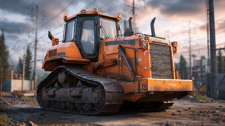 Large orange bulldozer parked at a construction site with overhead power lines.の素材