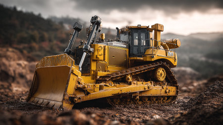 Powerful yellow bulldozer working on construction site with moody sky backdropの素材