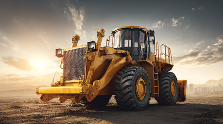 Powerful Yellow Bulldozer Stands Ready on Construction Site, Dramatic Sky Backdropの素材
