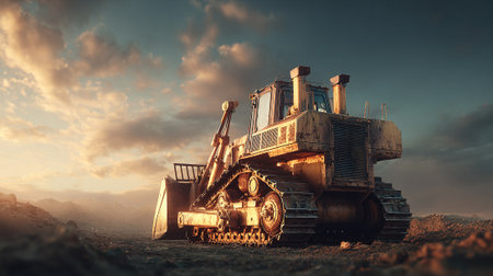 Industrial Strength: Heavy Duty Bulldozer at Construction Site against Moody Skyの素材