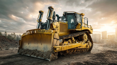Construction Bulldozer at Sunset: Heavy Equipment in Urban Environmentの素材