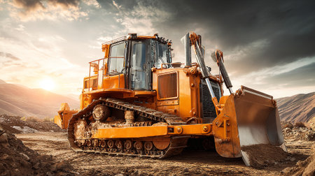 Powerful orange bulldozer poised for earthmoving against a dramatic landscape backdrop.の素材