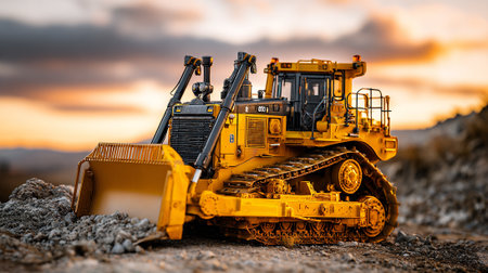 Heavy-duty yellow bulldozer at construction site with a sunset background glow.の素材