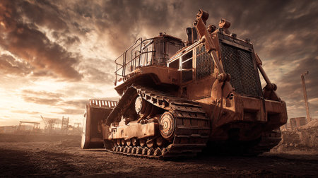 Industrial Strength: Powerful Bulldozer Dominating a Construction Site Landscape at Sunsetの素材