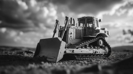 Powerful monochrome bulldozer ready for tough terrain construction and leveling operations.の素材