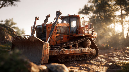 Powerful orange bulldozer navigating a rugged landscape at golden hour.の素材