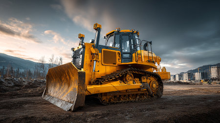 Powerful Yellow Bulldozer Machine at Construction Site with Dramatic Skyの素材