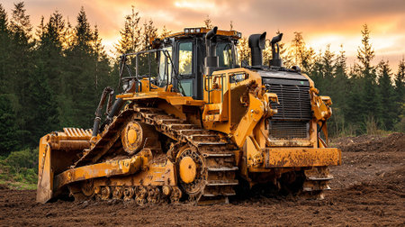 Heavy Yellow Bulldozer Rests on Brown Ground Against Twilight Sky Backgroundの素材