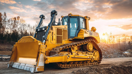 Industrial Bulldozer at Sunset: Construction Equipment Ready for Operation on Construction Siteの素材