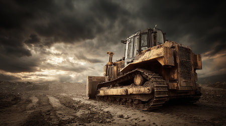 Weathered bulldozer stands powerfully beneath a threatening sky at construction site.の素材