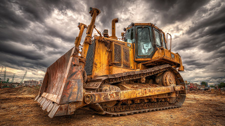 Heavy bulldozer sitting on a dirt construction site under a dramatic skyの素材