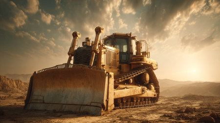Powerful Bulldozer Excavating on a Construction Site Against a Dramatic Skyの素材