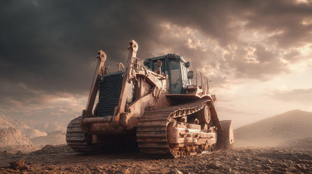 Heavy Machinery: A Powerful Bulldozer Under a Dramatic Sky, Working Hardの素材