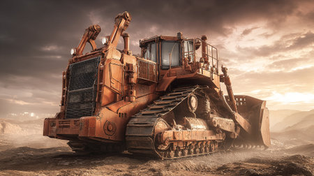 Massive Orange Bulldozer Dominates Rugged Terrain Under Dramatic Skyの素材
