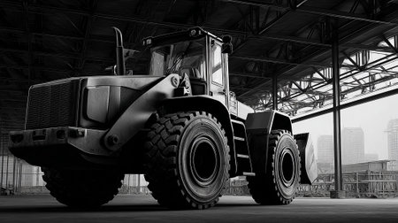 Heavy machinery: Monochrome bulldozer stands ready in the industrial warehouse areaの素材