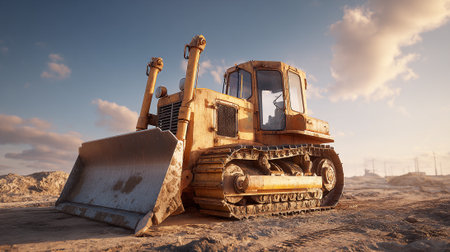 Robust Bulldozer Resting on a Construction Site Under a Sunny Skyの素材