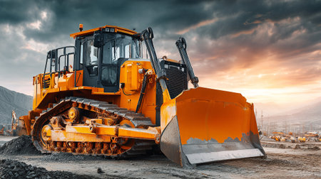 Majestic orange bulldozer resting on a construction site during a vibrant sunsetの素材