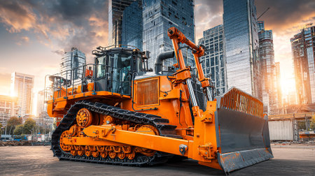 Powerful orange bulldozer ready for heavy construction work in the city.の素材
