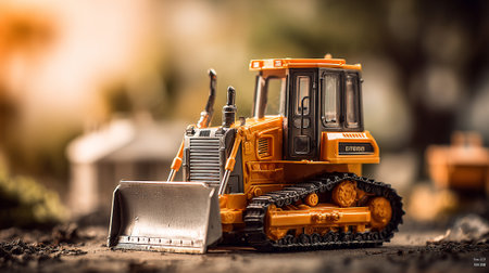 Miniature Yellow Bulldozer on Construction Site, Detailed Model and Blurred Backgroundの素材