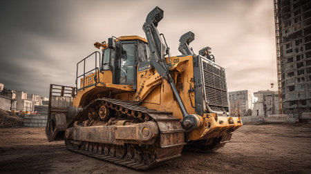Construction Site Heavy Equipment: Yellow Bulldozer Machine Ready for Work on the Lot.の素材